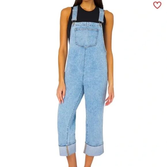 WeWoreWhat Culotte Indigo Denim Cuffed Overalls - Zia Light Rustic, Size S - Picture 1 of 11